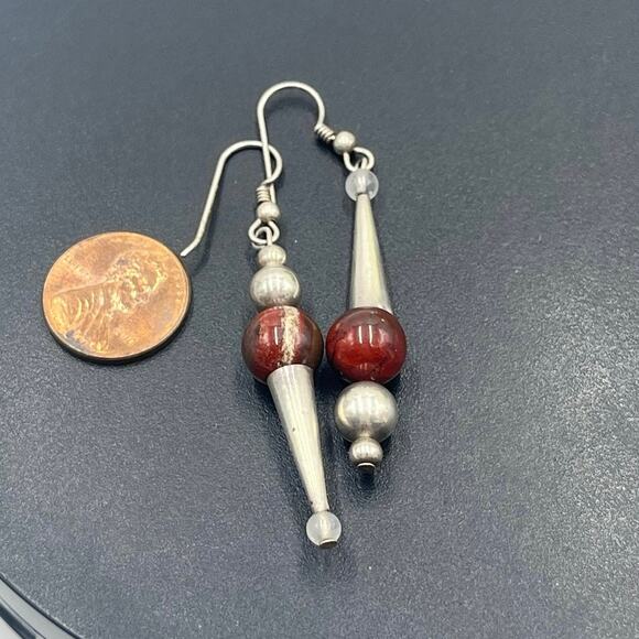 Artisan Made Mismatched Brown Jasper Ball Sterling Silver Dangle Earrings - Picture 3 of 11